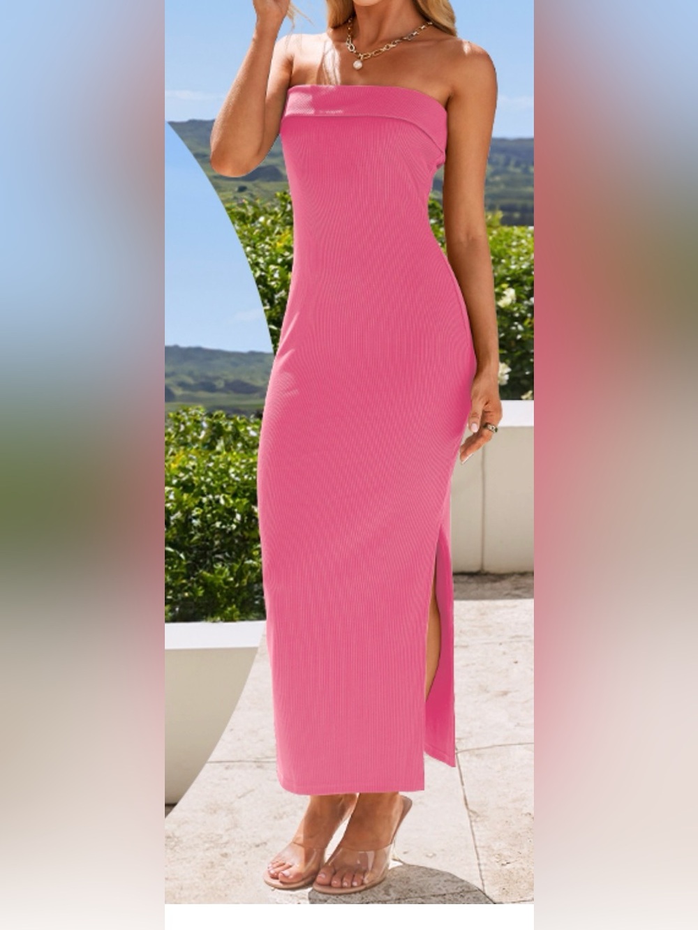 Women's Red Ribbed Maxi Dress with Side Slit